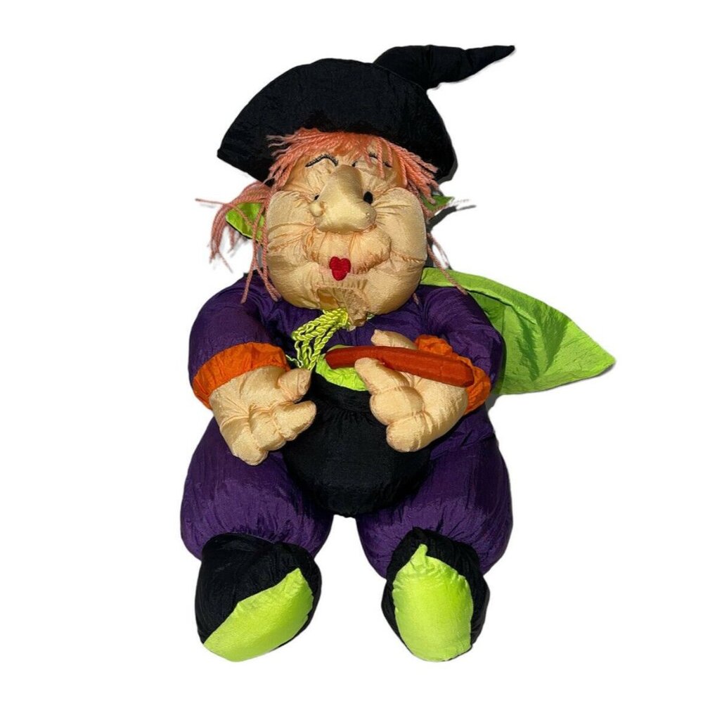 Vtg International Silver Plush Halloween Witch Purple Orange Black Cauldron